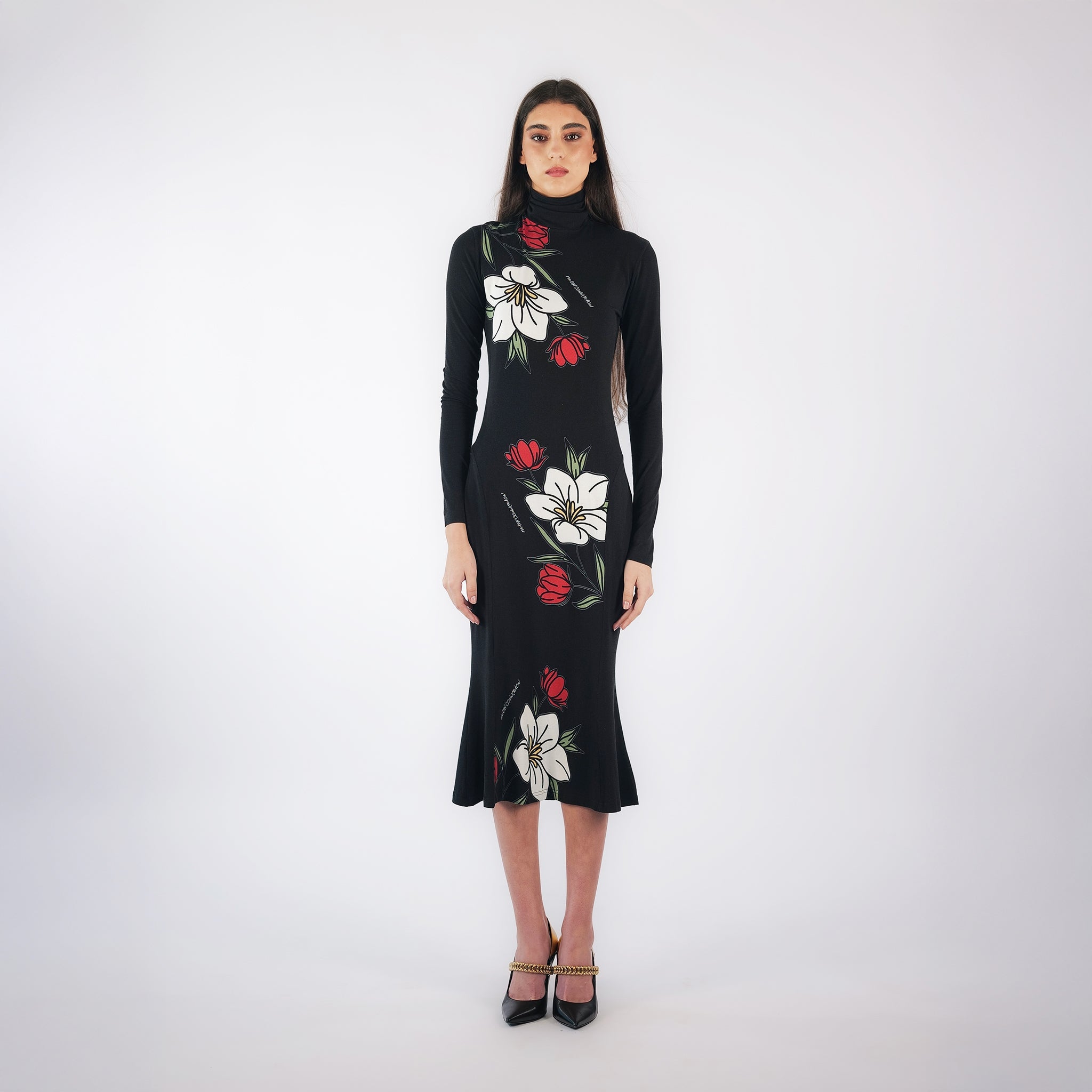 HIGH-NECK FLORAL PRINT BODYCON DRESS