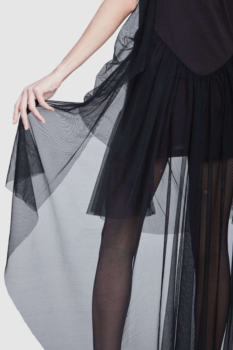 A close-up of a black embroidered drap dress by Faith Connexion, a brand of luxury clothes